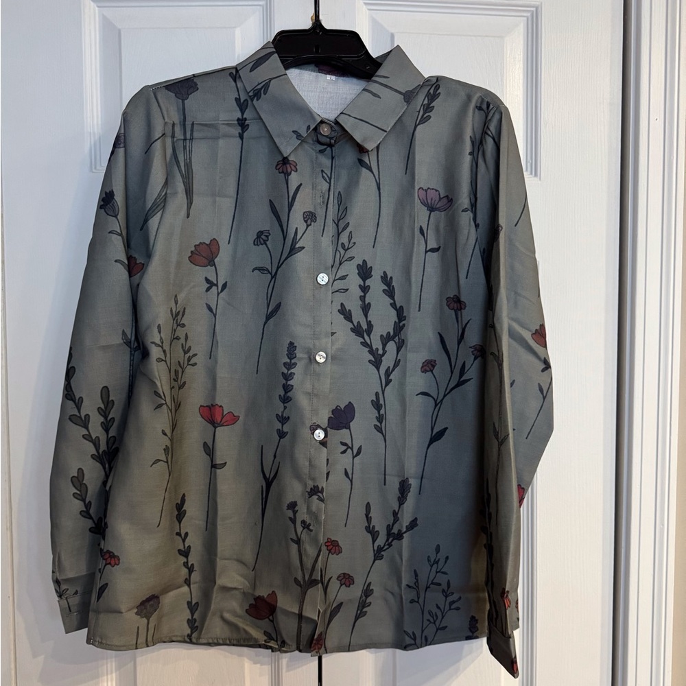 NWOT: Women’s large button down olive green with floral motif blouse.